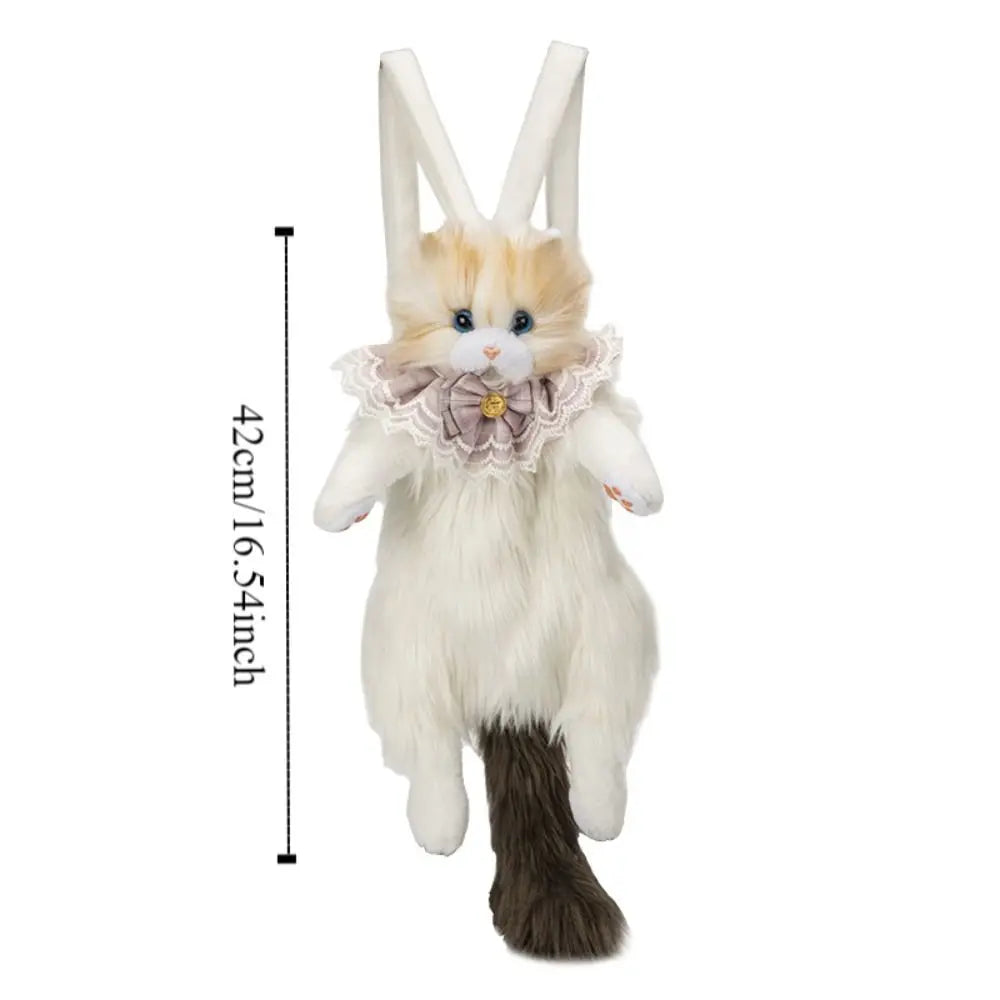 Long-Haired Fluffy Cat Doll Backpack Super Realistic Bow Tie Cute Women'S Backpacks Ragdoll Cat Travel Storage