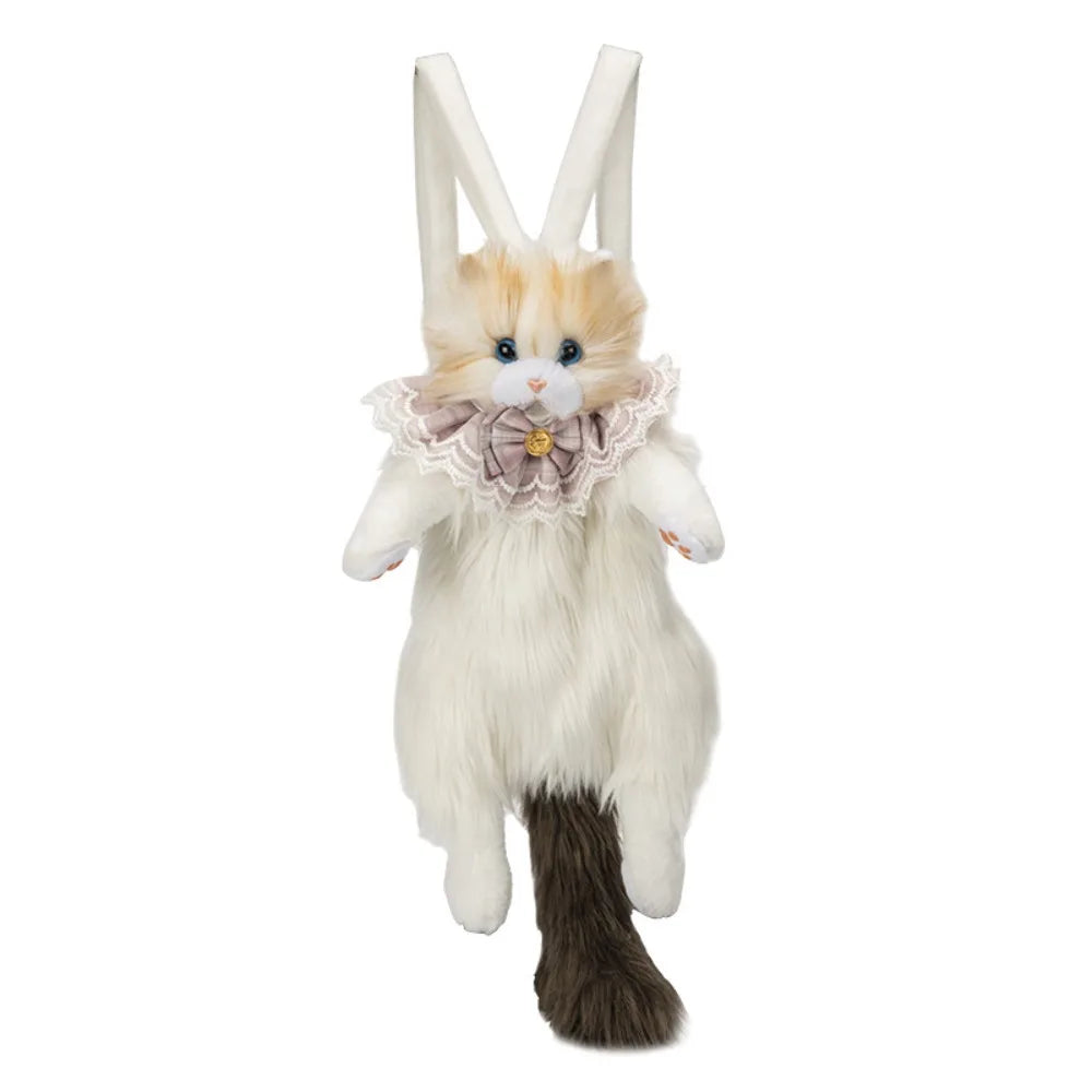 Long-Haired Fluffy Cat Doll Backpack Super Realistic Bow Tie Cute Women'S Backpacks Ragdoll Cat Travel Storage
