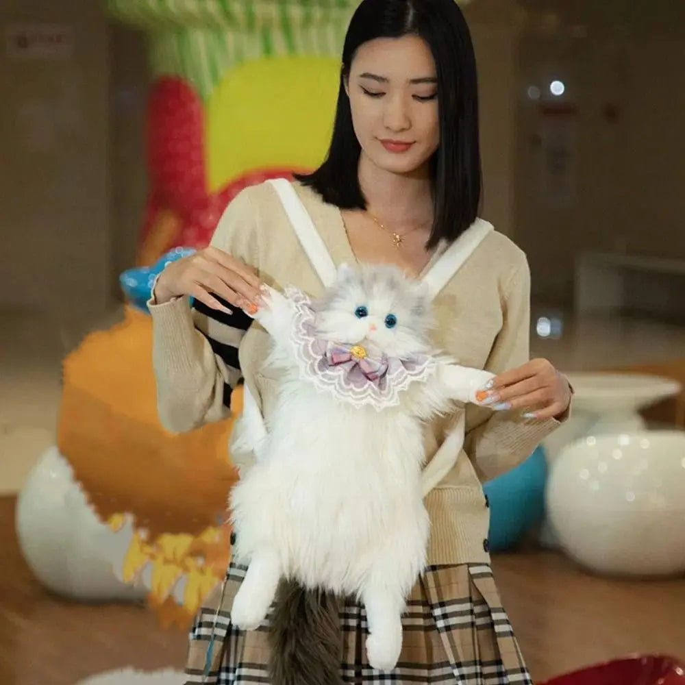 Long-Haired Fluffy Cat Doll Backpack Super Realistic Bow Tie Cute Women'S Backpacks Ragdoll Cat Travel Storage