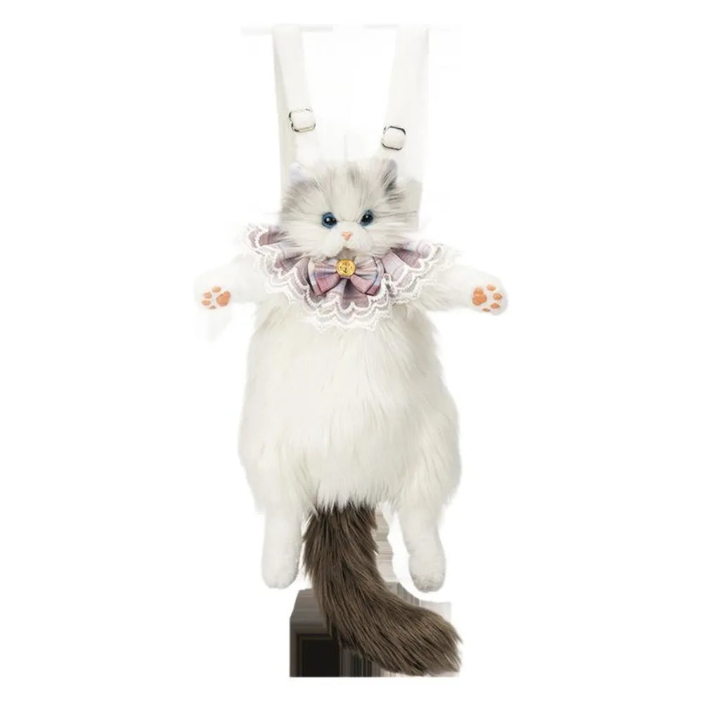 Long-Haired Fluffy Cat Doll Backpack Super Realistic Bow Tie Cute Women'S Backpacks Ragdoll Cat Travel Storage